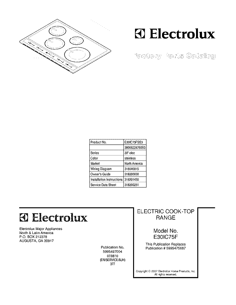 COVER Diagram and Parts List for E30IC75FSS3  Electrolux Cooktop