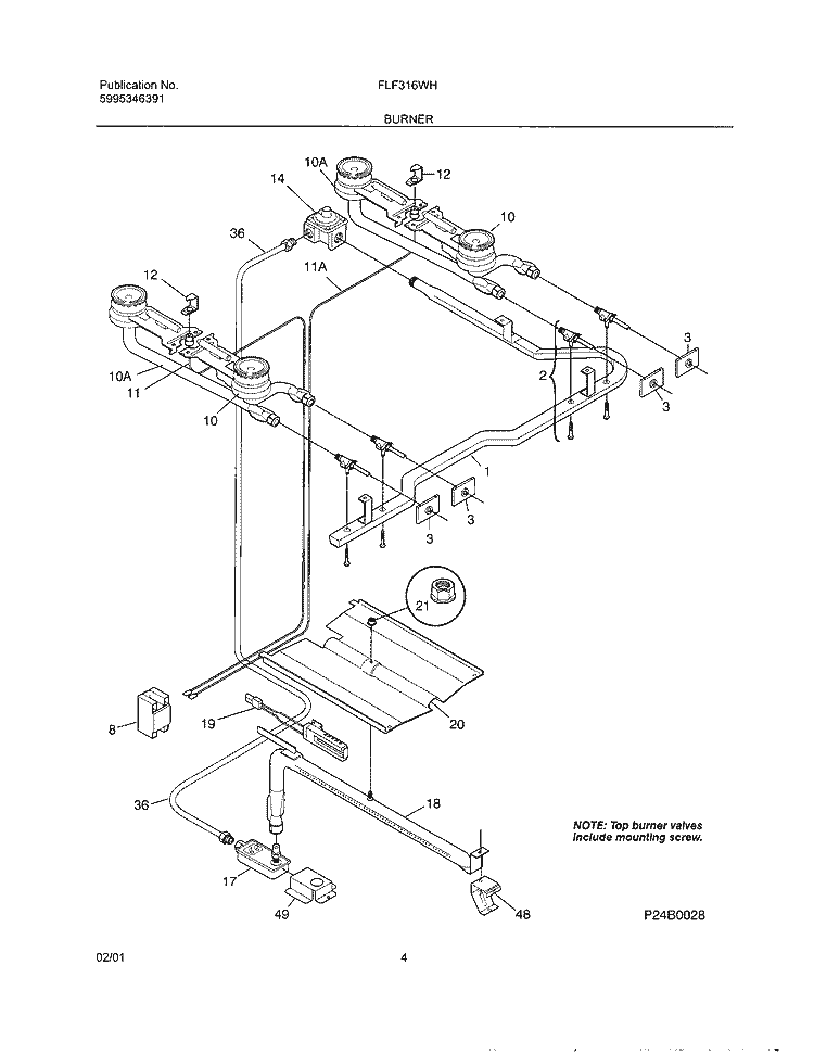 BURNER Diagram and Parts List for FLF316WHSB  Frigidaire Range