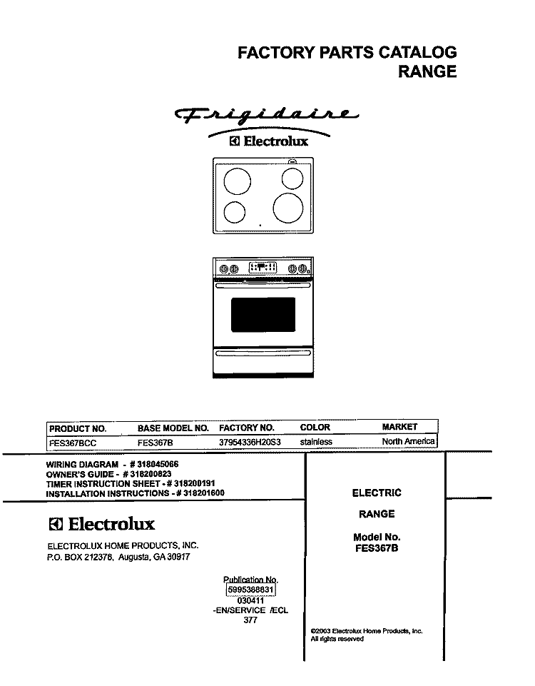 COVER Diagram and Parts List for FES367BCC  Frigidaire Range