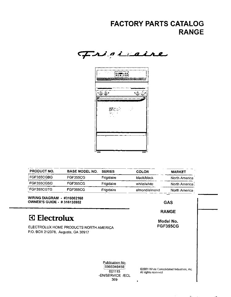 COVER Diagram and Parts List for FGF355CGSG  Frigidaire Range