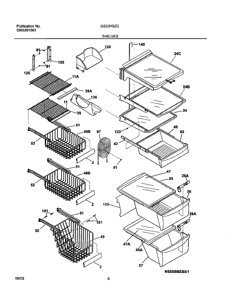 SHELVES Diagram and Parts List for GS23HSZCC0  Frigidaire Refrigerator