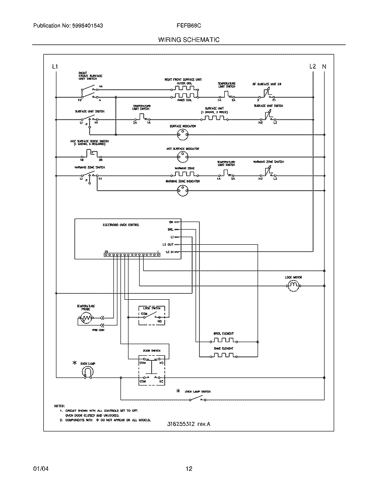 WIRING SCHEMATIC Diagram and Parts List for FEFB68CSC  Frigidaire Range