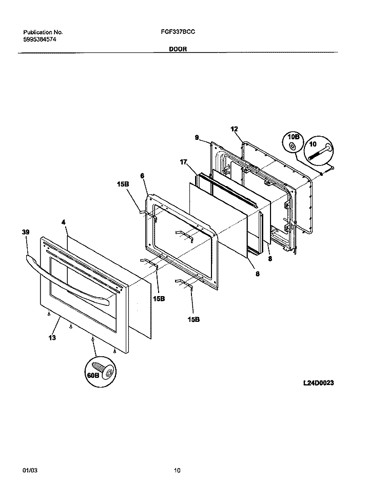 DOOR Diagram and Parts List for FGF337BCC  Frigidaire Range