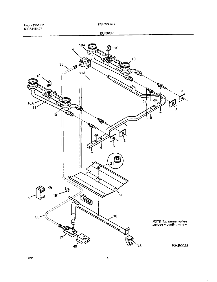 BURNER Diagram and Parts List for FGF324WHSC  Frigidaire Range