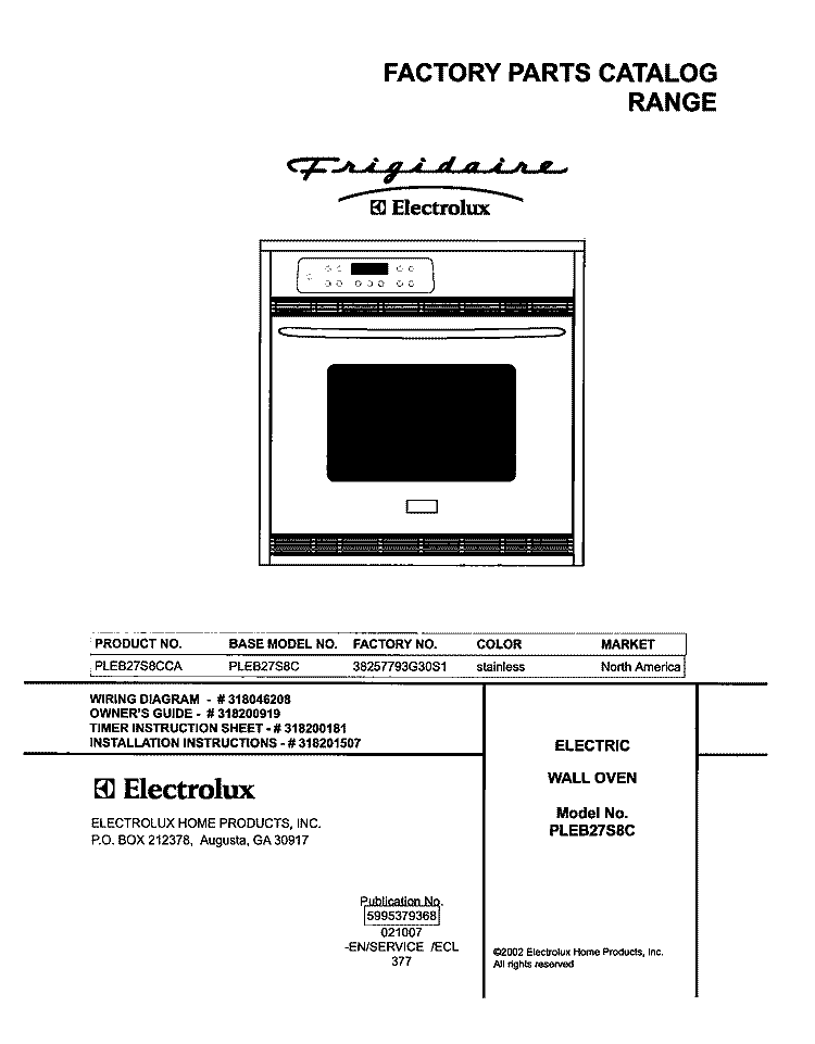 COVER Diagram and Parts List for PLEB27S8CCA  Frigidaire Wall Oven