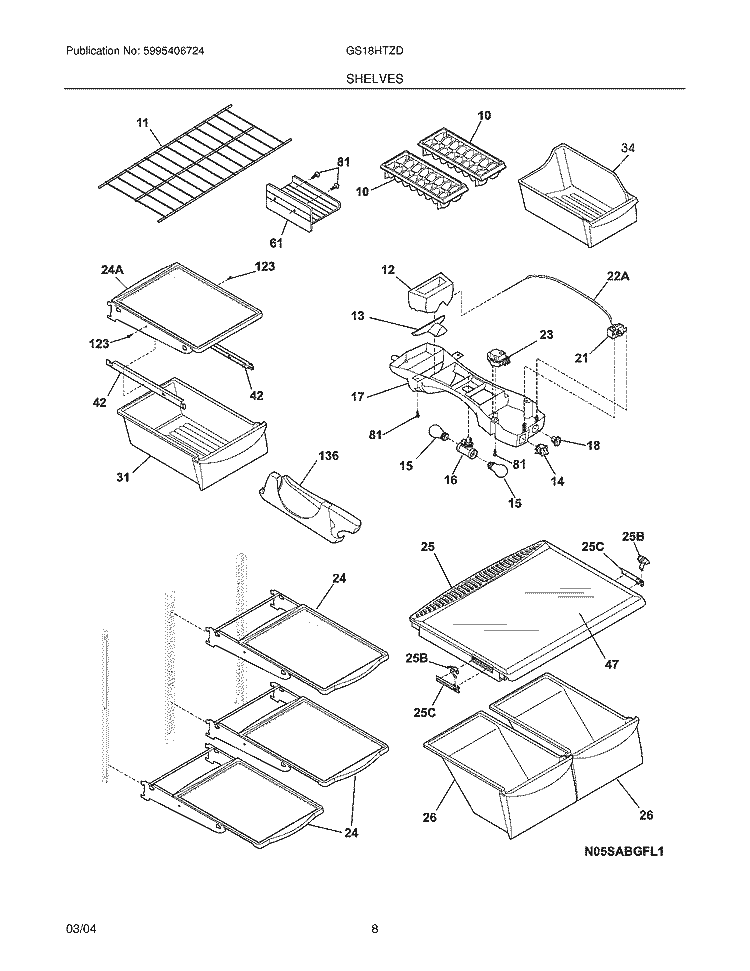 SHELVES Diagram and Parts List for GS18HTZDSK0  Frigidaire Refrigerator