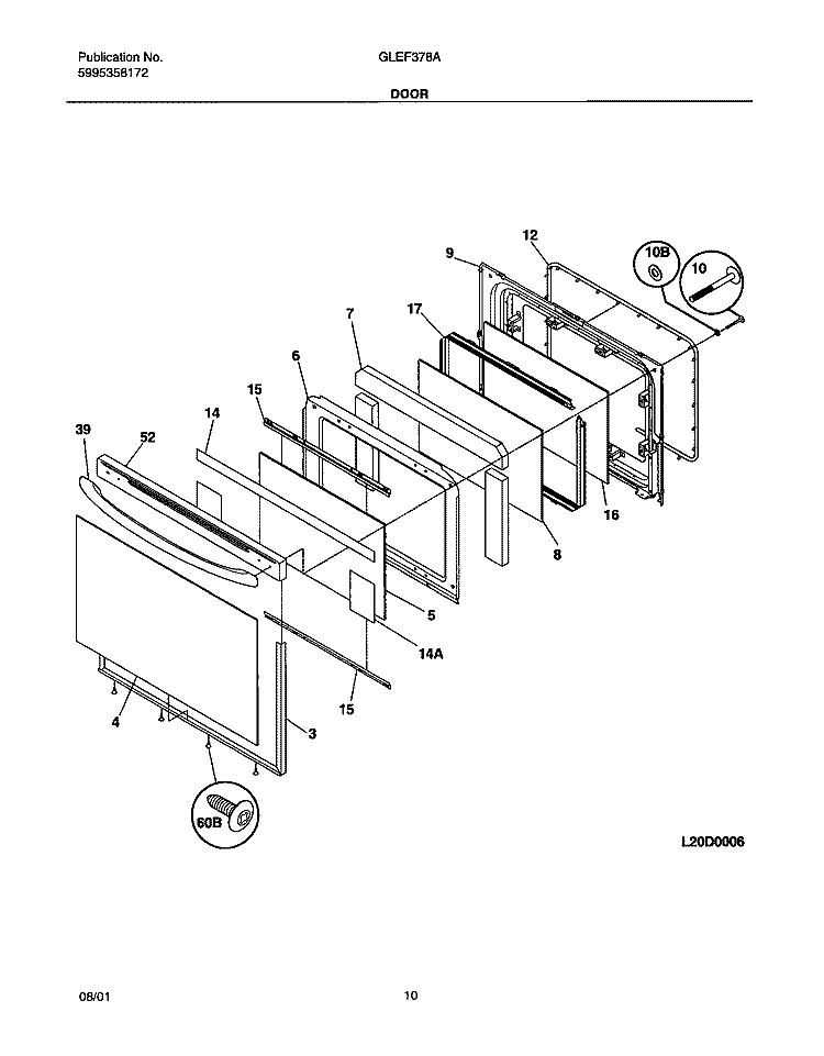DOOR Diagram and Parts List for GLEF378AQB  Frigidaire Range