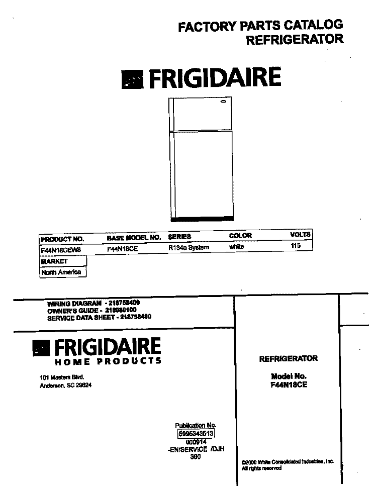 COVER Diagram and Parts List for F44N18CEW8  Frigidaire Refrigerator
