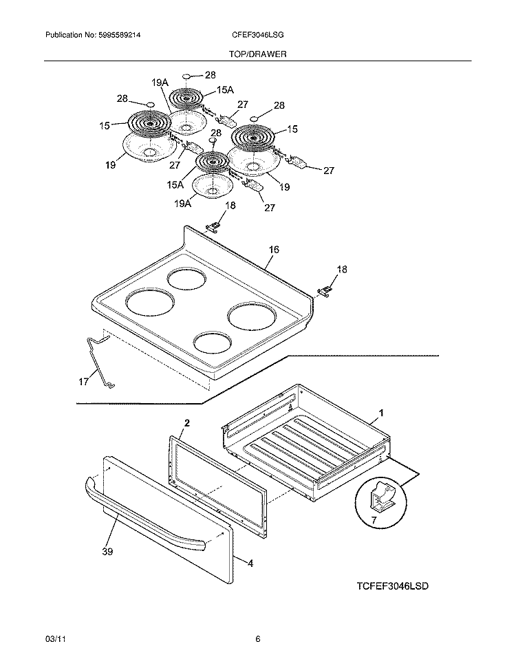 TOP/DRAWER Diagram and Parts List for CFEF3046LSG  Frigidaire Range