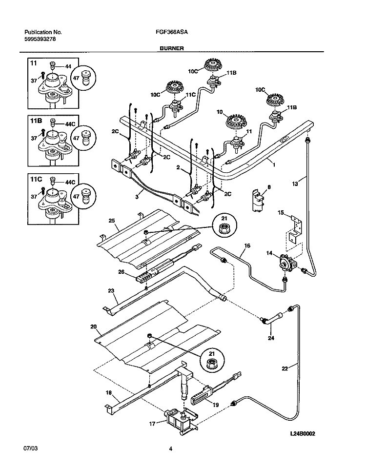 BURNER Diagram and Parts List for FGF366ASA  Frigidaire Range