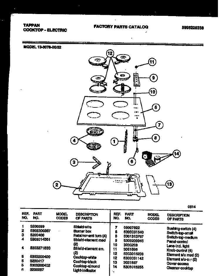 ELECTRIC SMOOTH TOP Diagram and Parts List for 13-3078-00-02  Tappan Cooktop
