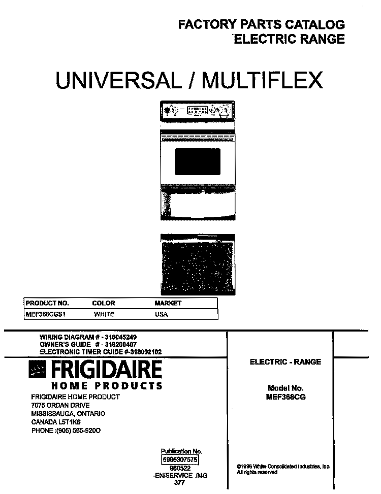 COVER Diagram and Parts List for MEF368CGS1  Frigidaire Wall Oven
