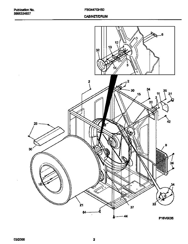 P16V0036 DRY CAB, HEATER Diagram and Parts List for FSG447GHS0  Frigidaire Dryer