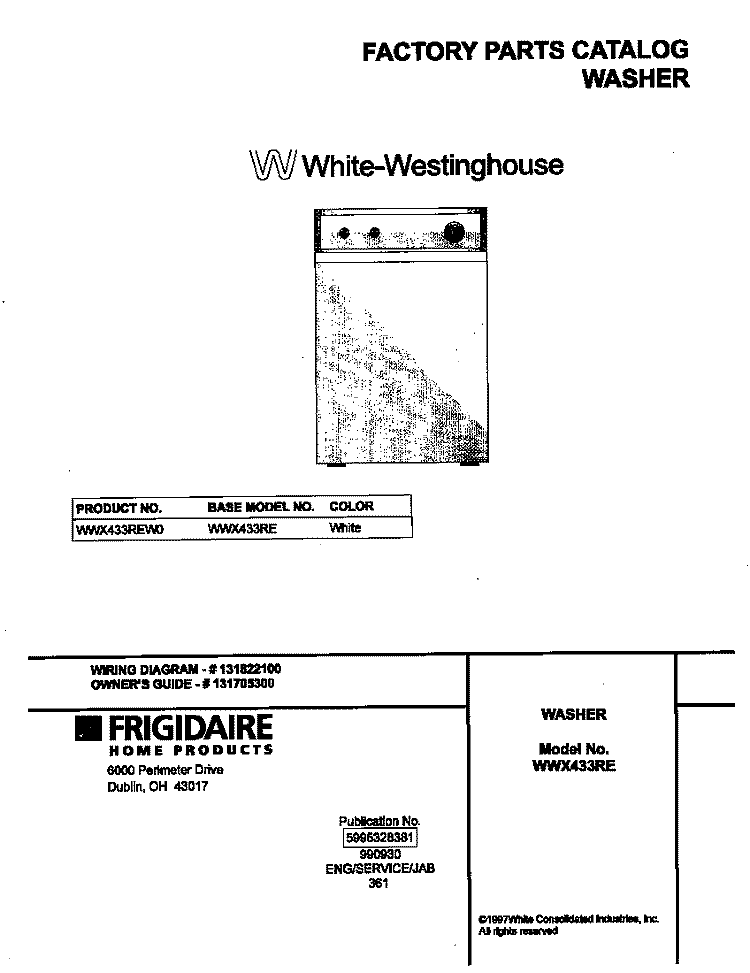COVER Diagram and Parts List for WWX433REW0  Frigidaire Washer