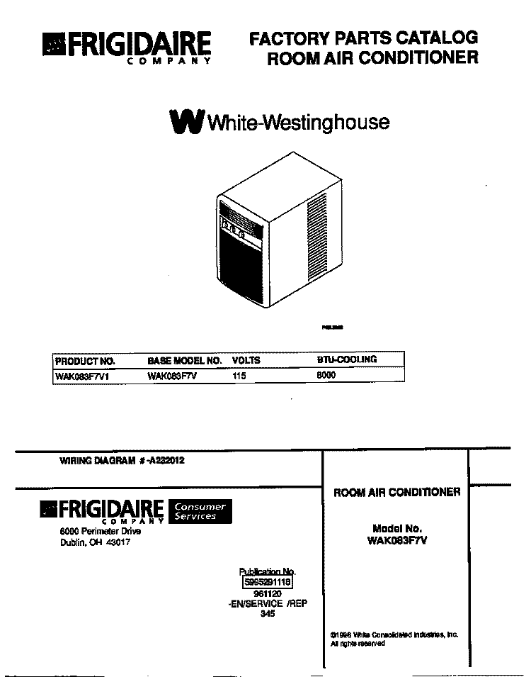 COVER Diagram and Parts List for WAK083F7V1  Frigidaire Air Conditioner