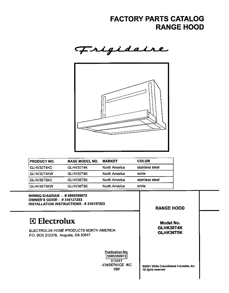 COVER Diagram and Parts List for GLHV30T4KC  Frigidaire Range Hood