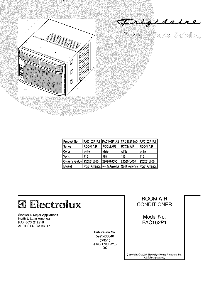 COVER Diagram and Parts List for FAC102P1A4  Frigidaire Air Conditioner