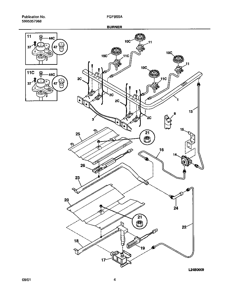 BURNER Diagram and Parts List for FGFB55ASB  Frigidaire Range