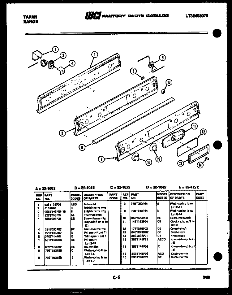 CONTROL PANEL Diagram and Parts List for 32-1012-45-10  Tappan Range