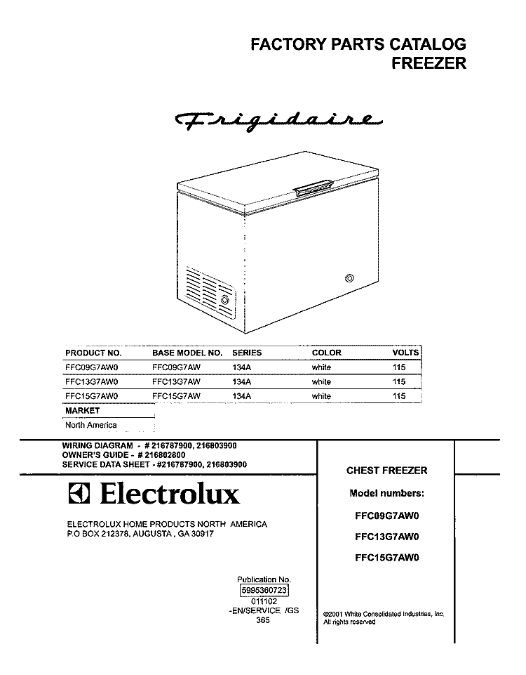 COVER Diagram and Parts List for FFC13G7AW0  Frigidaire Freezer