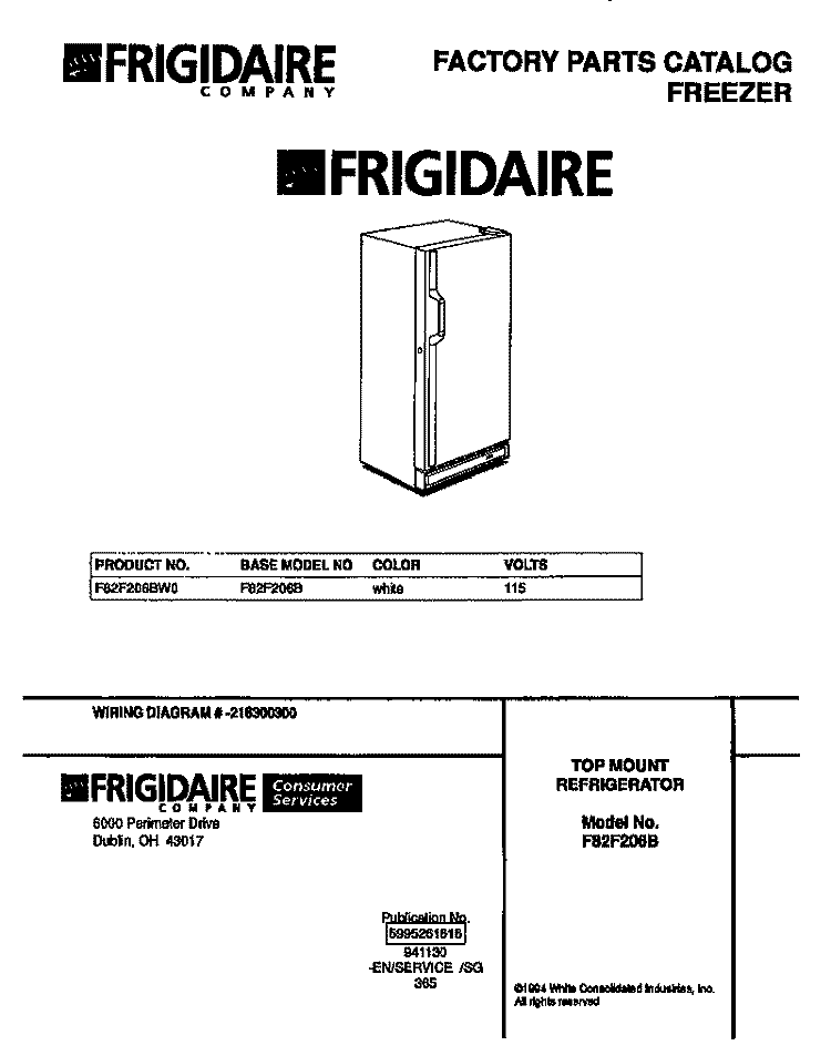 COVER Diagram and Parts List for F82F206BW0  Frigidaire Freezer