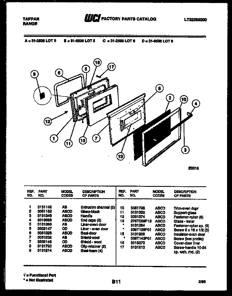 DOOR PARTS Diagram and Parts List for 31-2538-00-06  Tappan Range