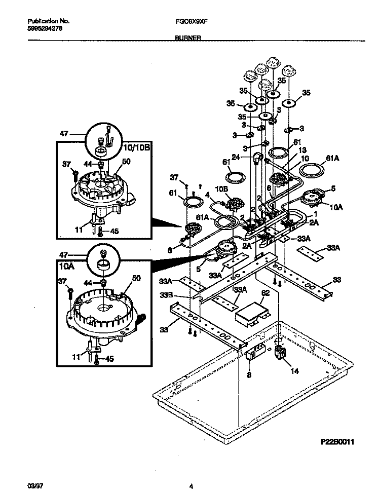 BURNER Diagram and Parts List for FGC6X9XFWA  Frigidaire Cooktop