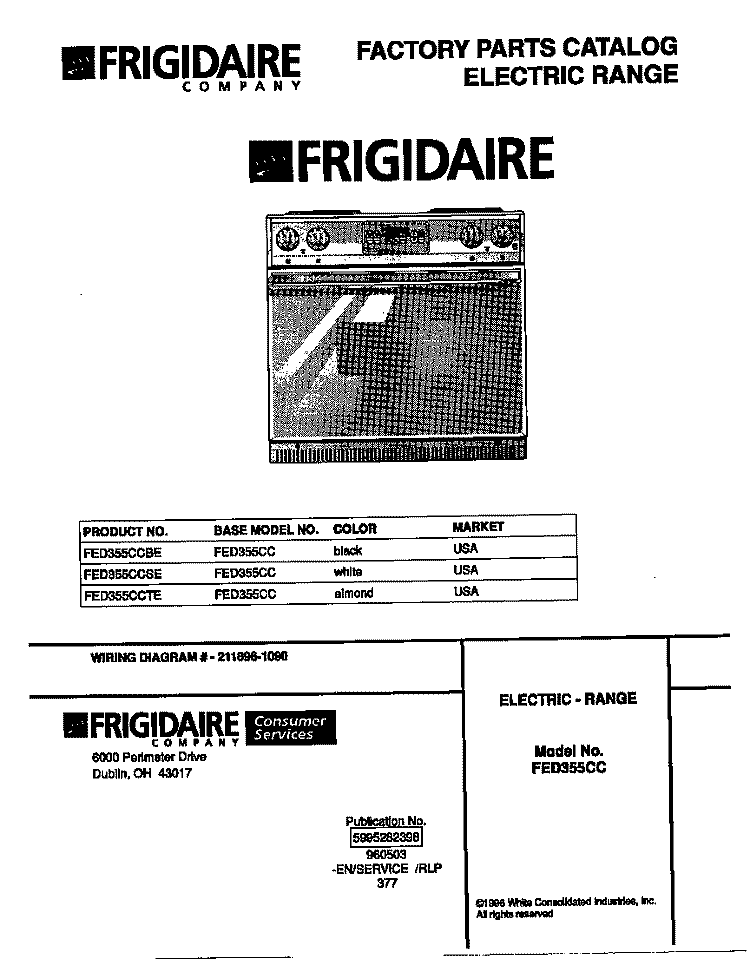 COVER Diagram and Parts List for FED355CCSE  Frigidaire Range