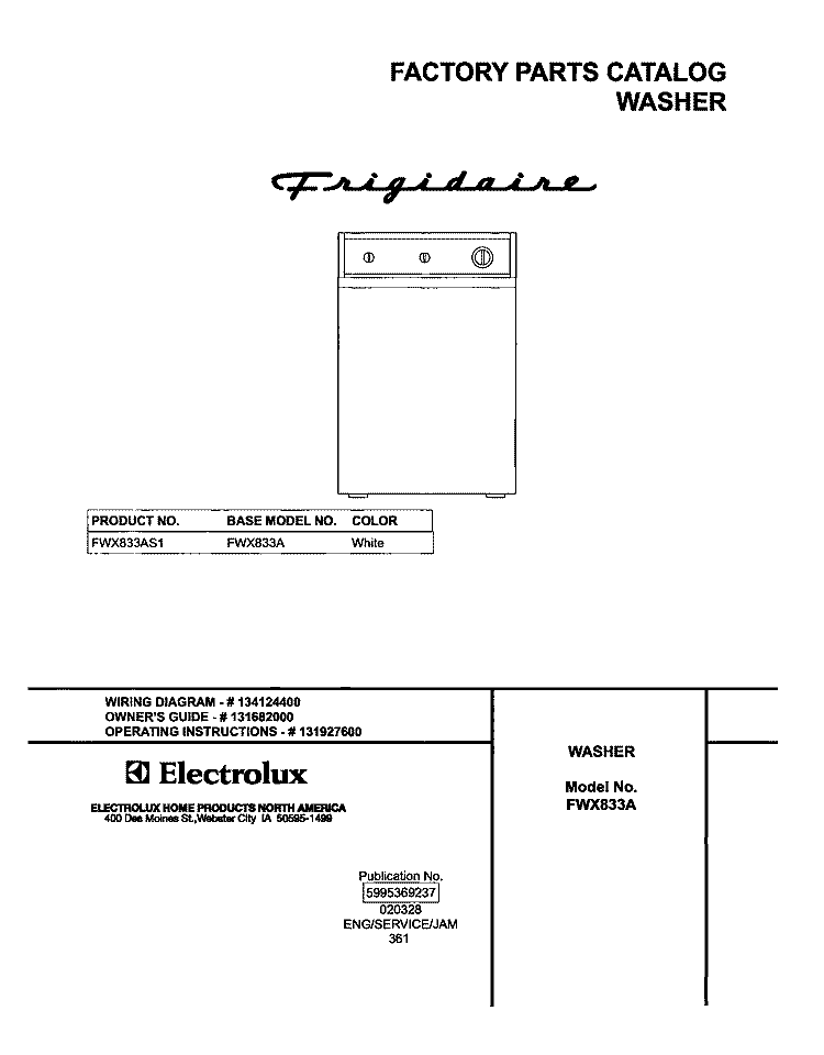 COVER Diagram and Parts List for FWX833AS1  Frigidaire Washer