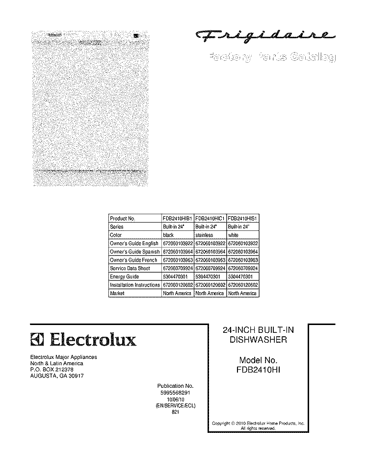 COVER Diagram and Parts List for FDB2410HIB1  Frigidaire Dishwasher