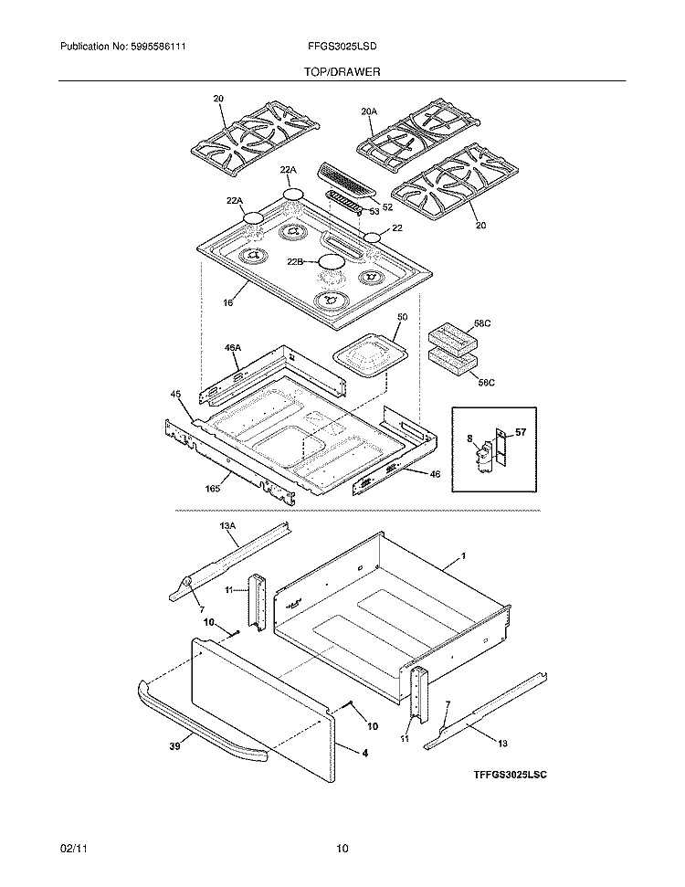 TOP/DRAWER Diagram and Parts List for FFGS3025LSD  Frigidaire Range