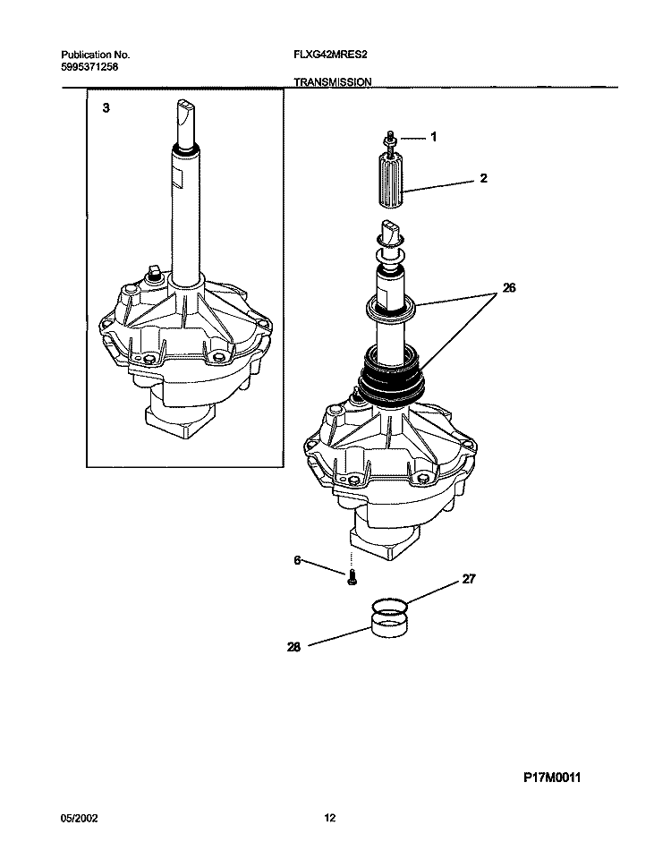 TRANSMISSION Diagram and Parts List for FLXG42MRES2  Frigidaire Washer Dryer Combo