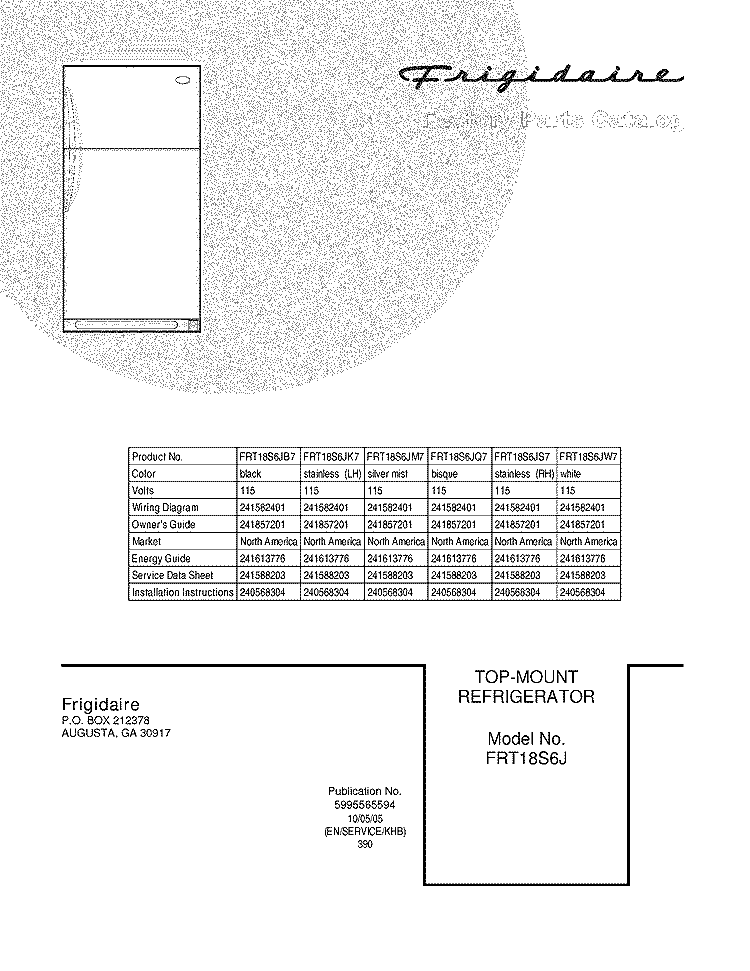 COVER Diagram and Parts List for FRT18S6JM7  Frigidaire Refrigerator