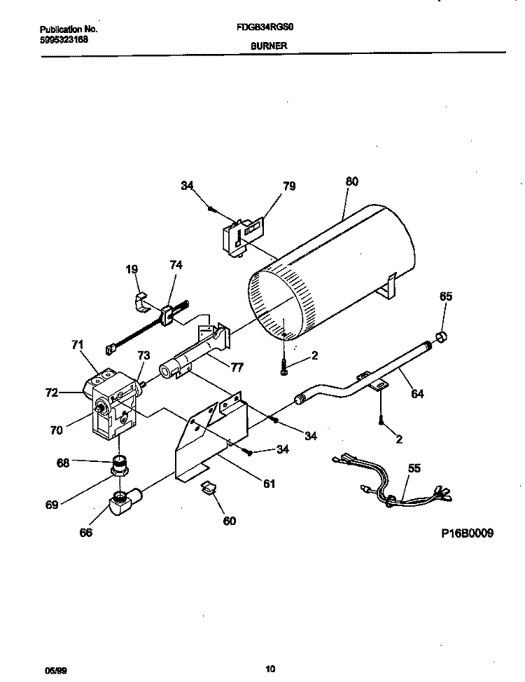 P16B0009 BURNER VALVE Diagram and Parts List for FDGB34RGS0  Frigidaire Dryer