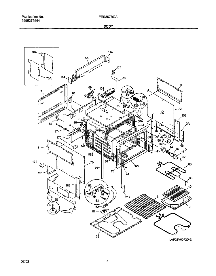 BODY Diagram and Parts List for FES367BCA  Frigidaire Range