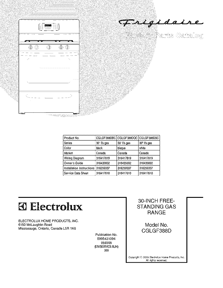 COVER Diagram and Parts List for CGLGF388DBC  Frigidaire Range