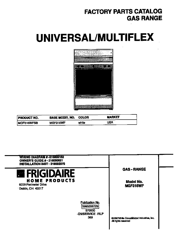 COVER Diagram and Parts List for MGF316WFSB  Frigidaire Range