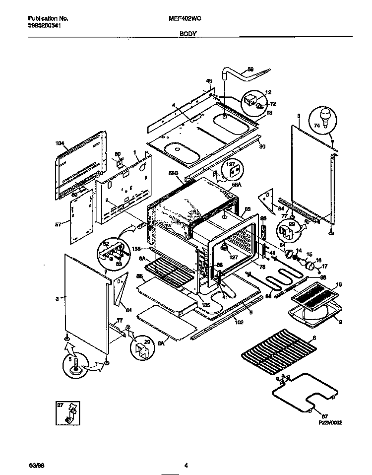 BODY Diagram and Parts List for MEF402WCD2  Frigidaire Range