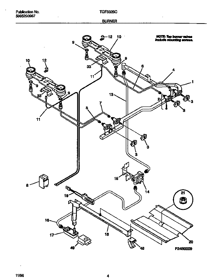 BURNER Diagram and Parts List for TGF332BCWD  Tappan Range