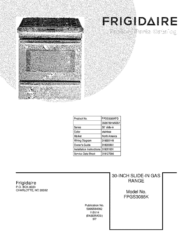 COVER Diagram and Parts List for FPGS3085KFG  Frigidaire Range