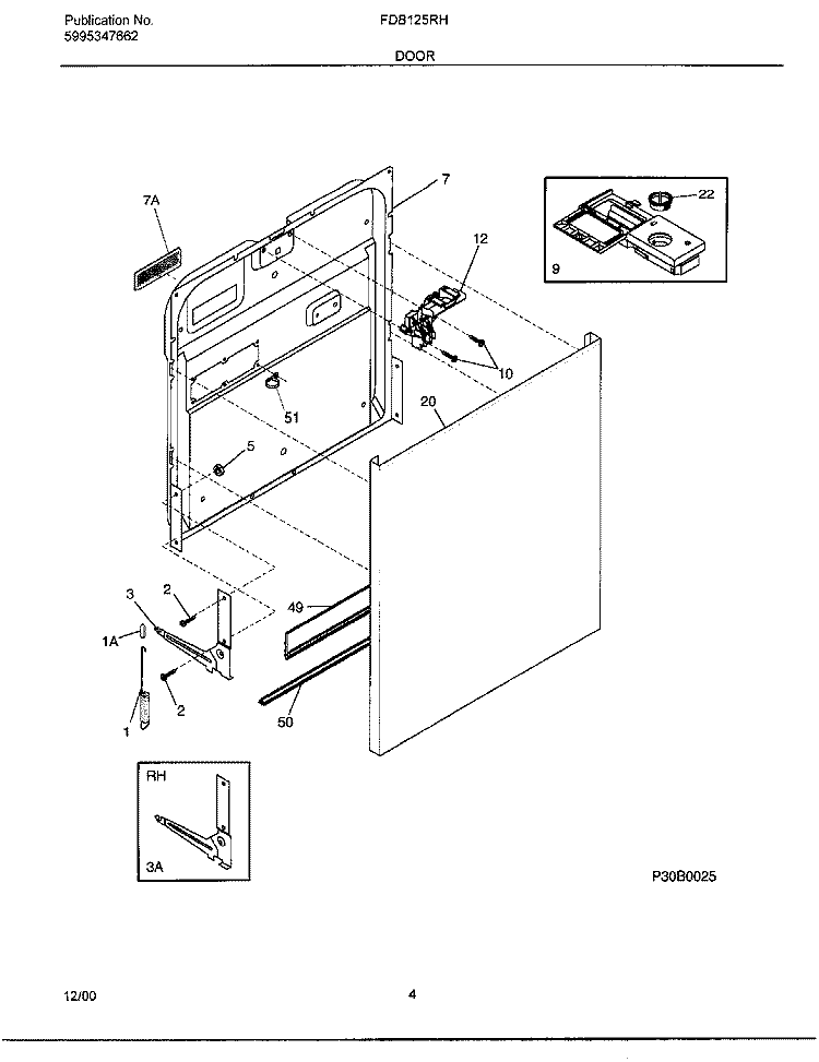 DOOR Diagram and Parts List for FDB125RHB1  Frigidaire Dishwasher