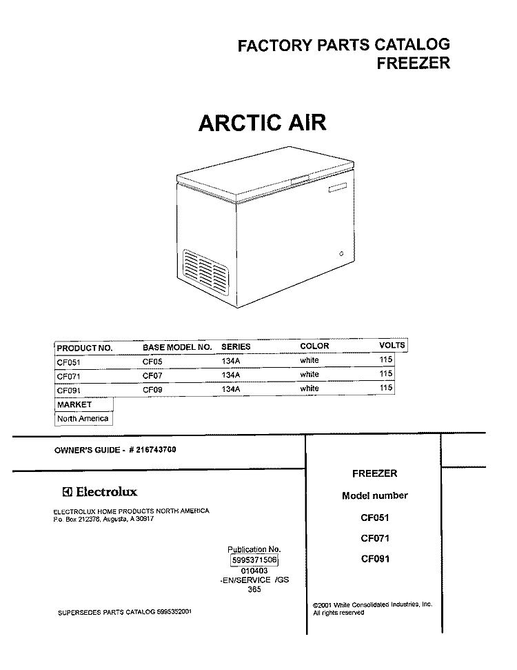 COVER Diagram and Parts List for CF051  Frigidaire Freezer