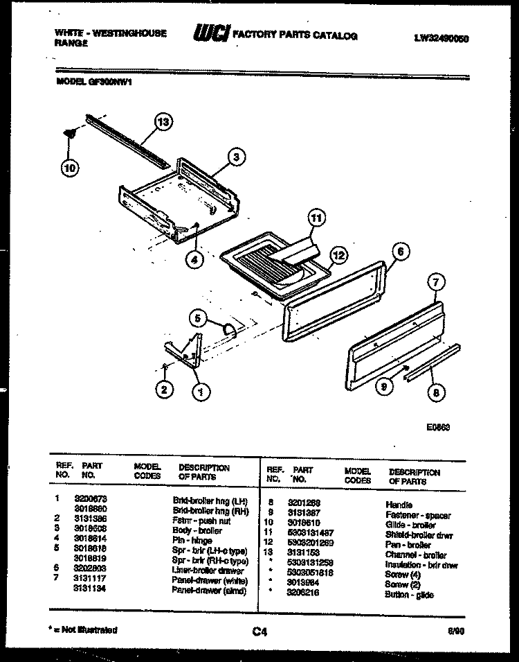 BROILER DRAWER PARTS Diagram and Parts List for GF300ND1  Frigidaire Range