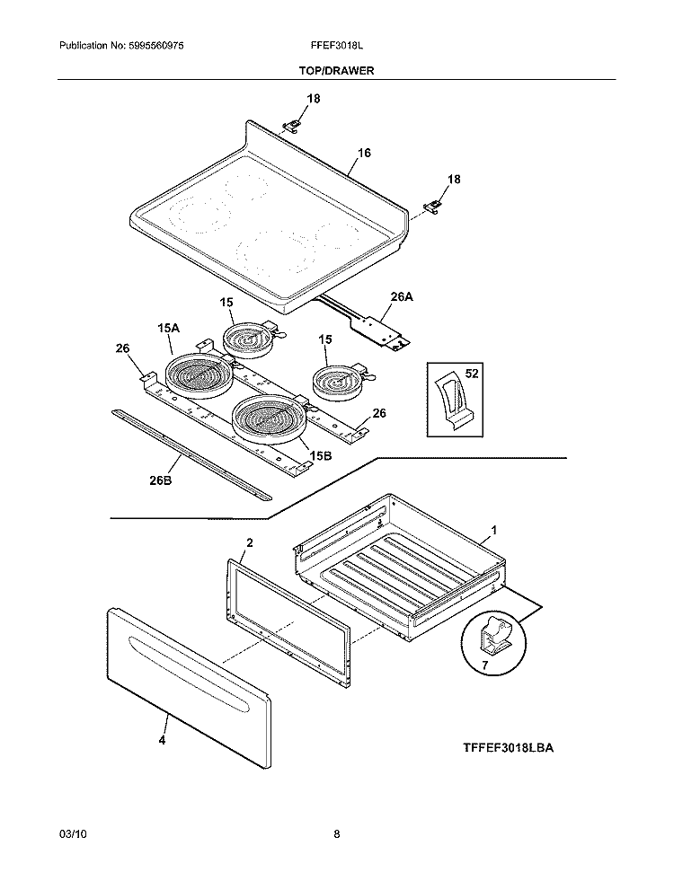 TOP/DRAWER Diagram and Parts List for FFEF3018LBA  Frigidaire Range