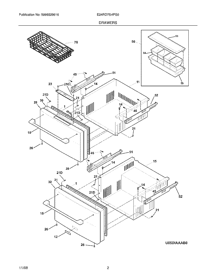 DRAWERS Diagram and Parts List for E24RD75HPS0  Electrolux Refrigerator