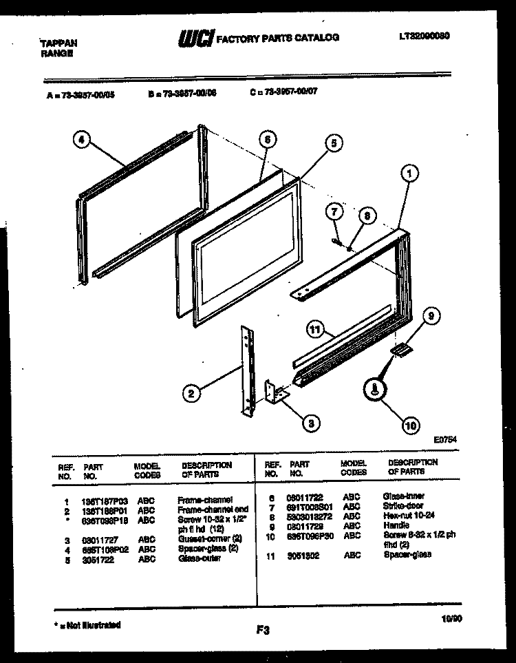 UPPER OVEN DOOR PARTS Diagram and Parts List for 73-3957-23-06  Tappan Range