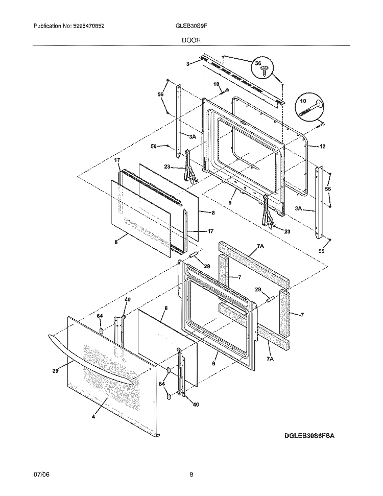DOOR Diagram and Parts List for GLEB30S9FQA  Frigidaire Wall Oven