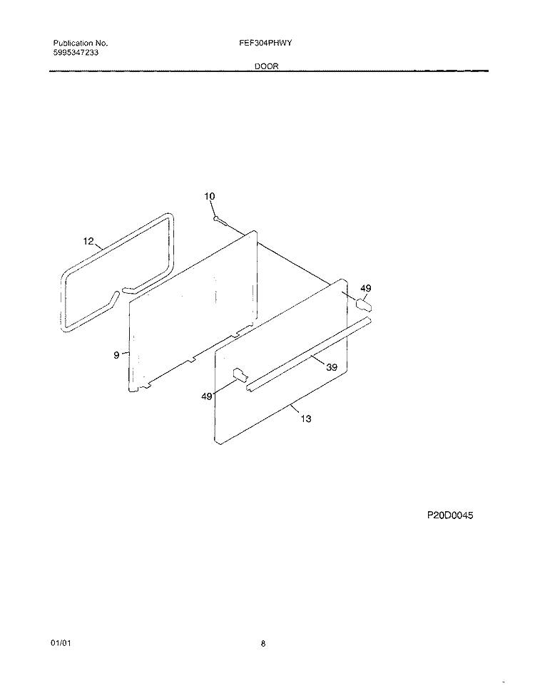 DOOR Diagram and Parts List for FEF304PHWY  Frigidaire Range