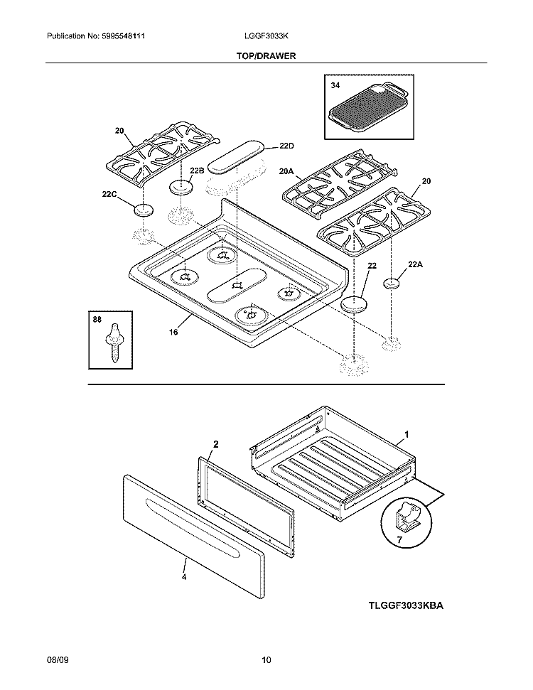 TOP/DRAWER Diagram and Parts List for LGGF3033KBB  Frigidaire Range