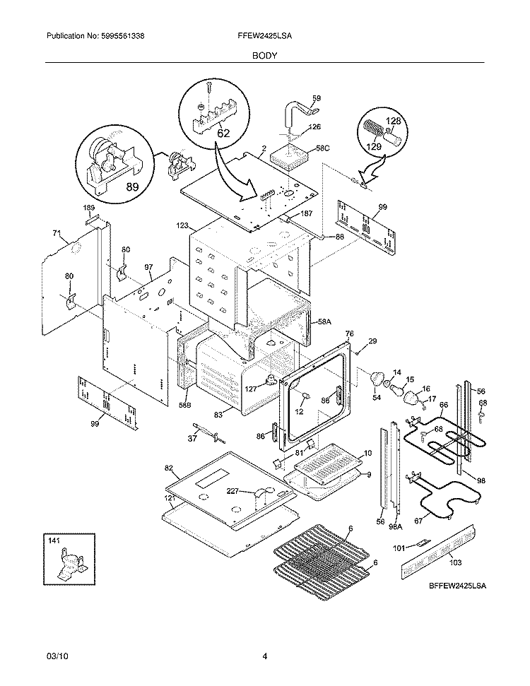 BODY Diagram and Parts List for FFEW2425LSA  Frigidaire Wall Oven